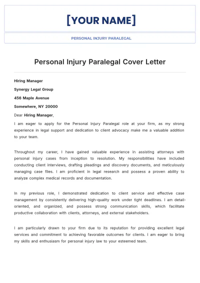 Free Personal Injury Paralegal Cover Letter to Edit Online