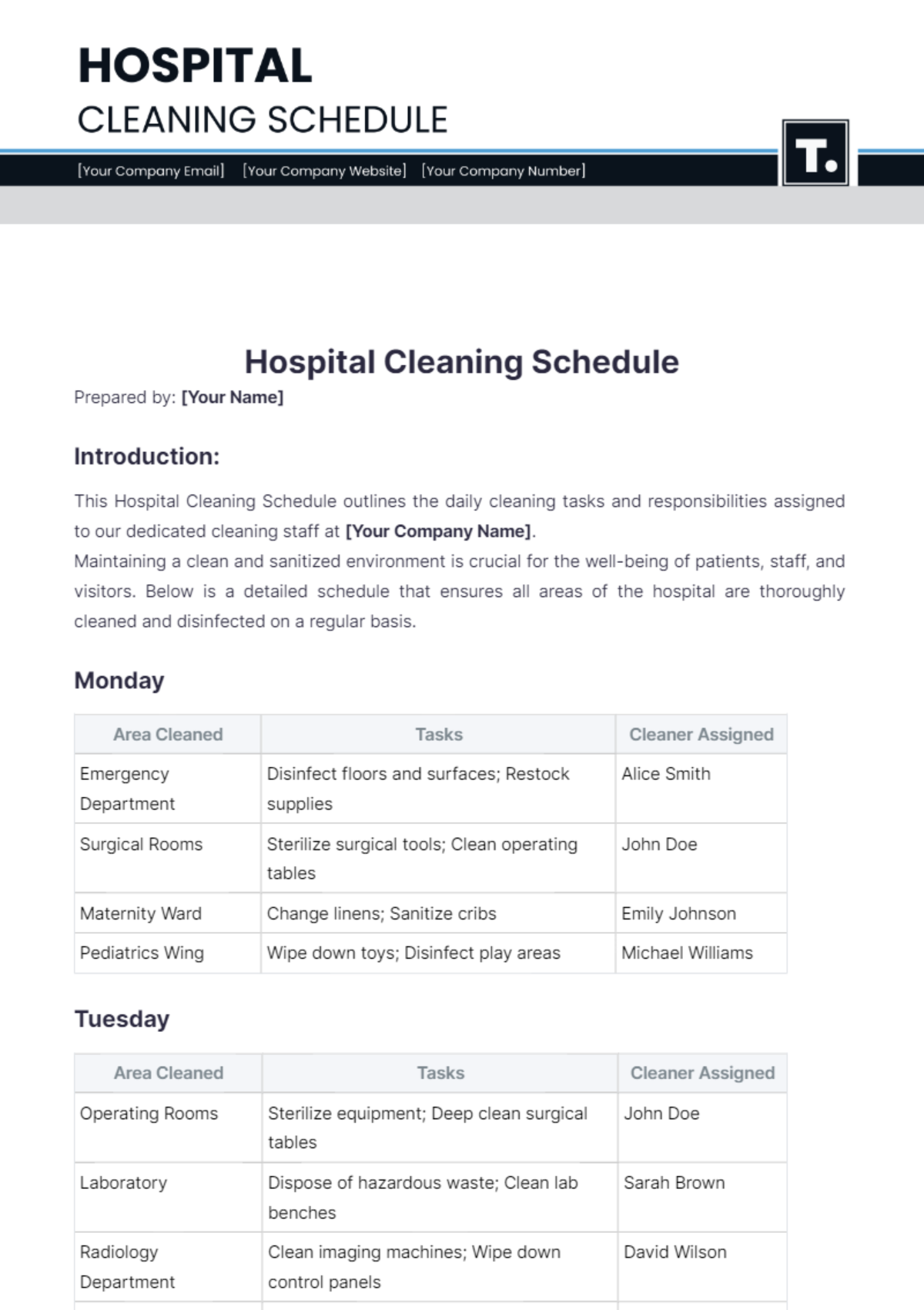 Hospital Cleaning Schedule Template - Edit Online & Download