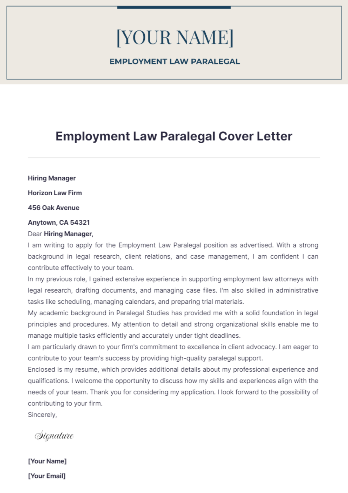 Employment Law Paralegal Cover Letter