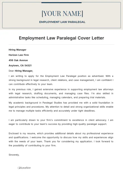 Free Employment Law Paralegal Cover Letter to Edit Online