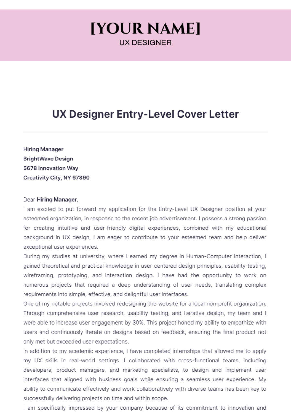 UX Designer Entry Level Cover Letter