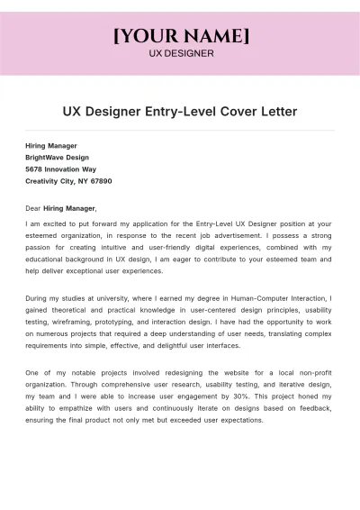 Free UX Designer Entry Level Cover Letter to Edit Online