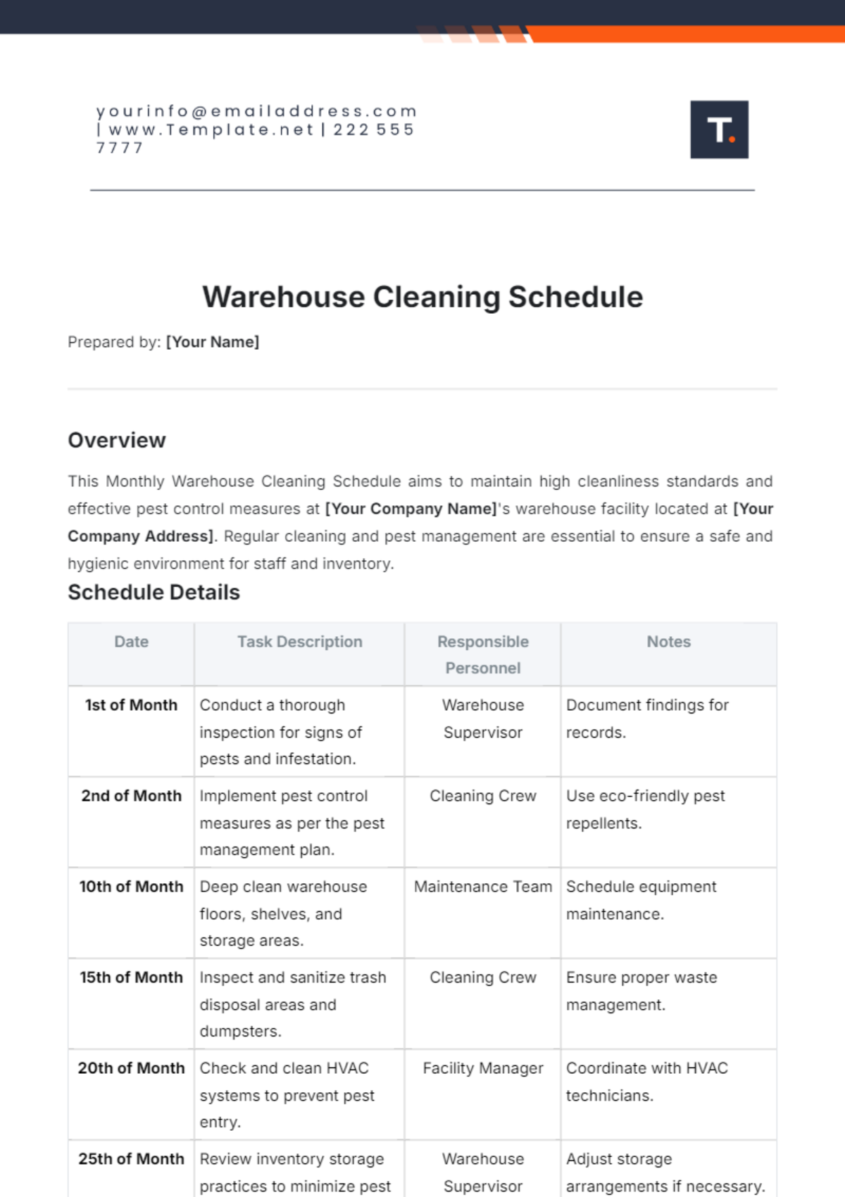 Warehouse Cleaning Schedule Template - Edit Online & Download