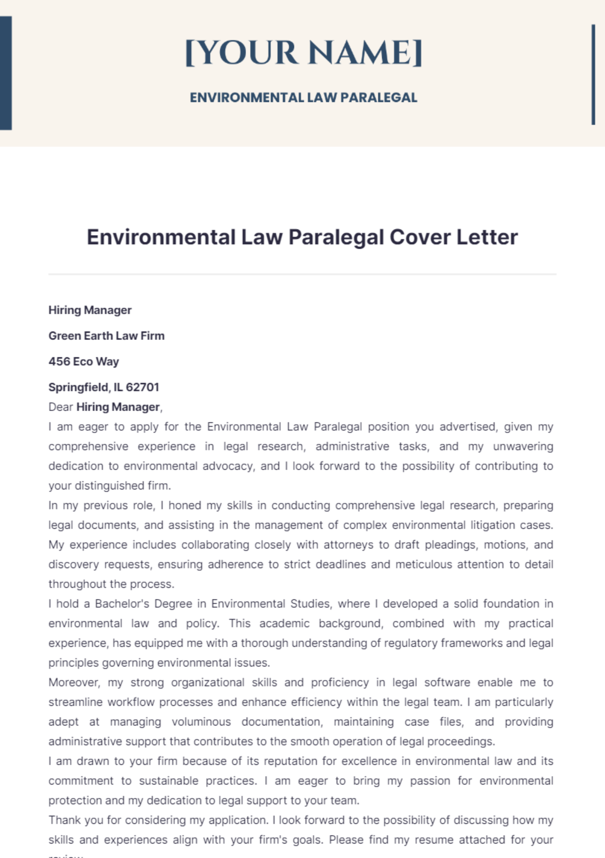 Environmental Law Paralegal Cover Letter - Edit Online & Download