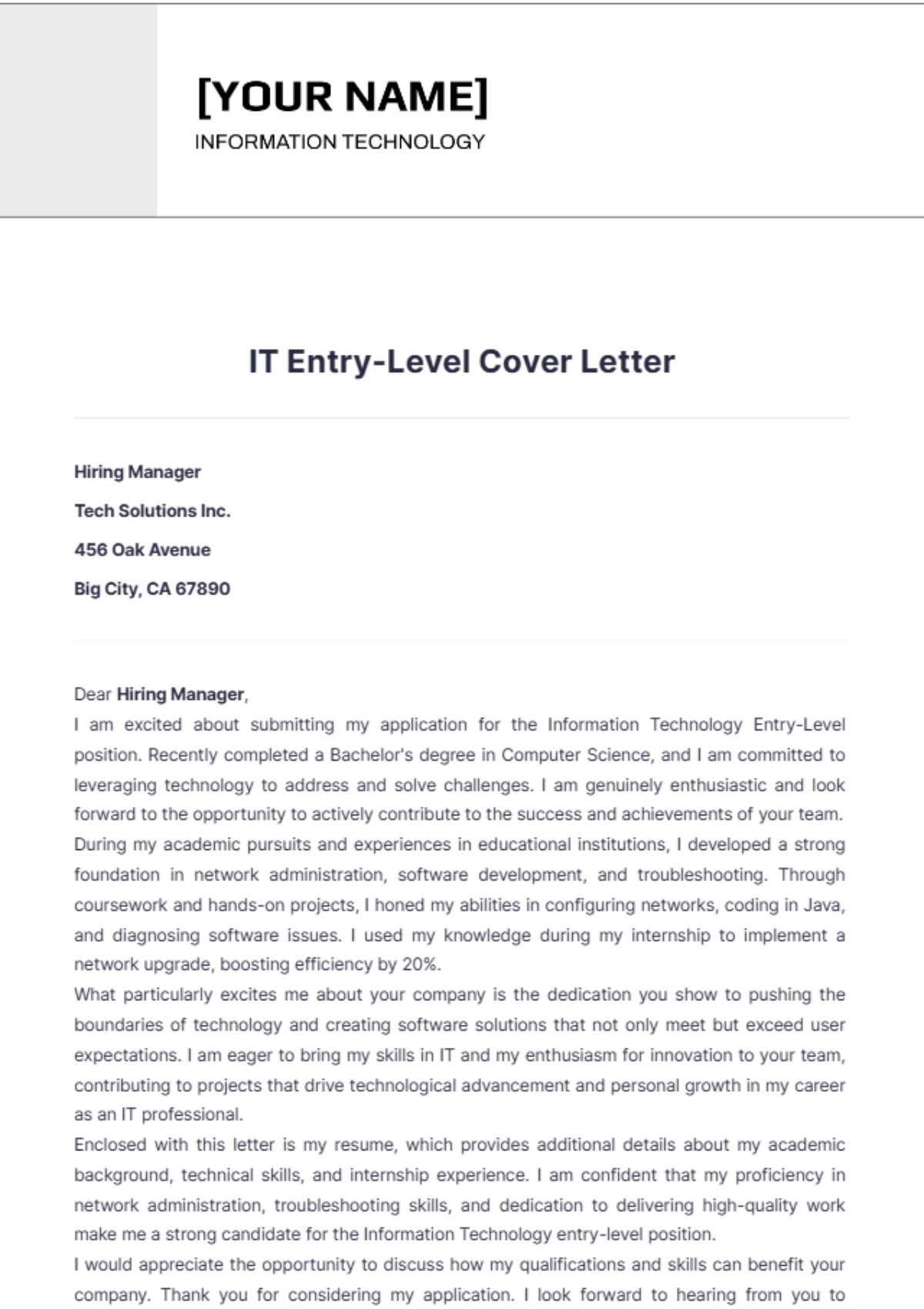 IT Entry Level Cover Letter