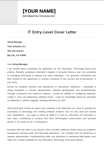 Free IT Entry Level Cover Letter to Edit Online