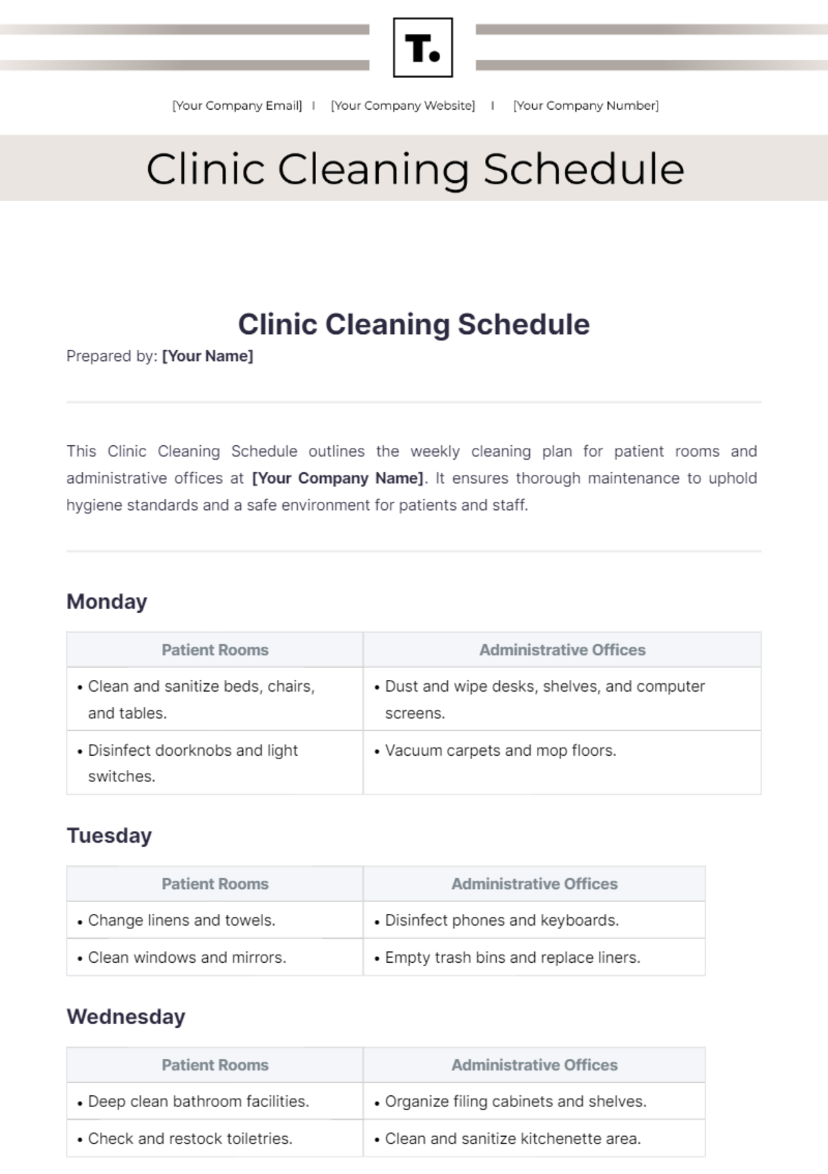 Clinic Cleaning Schedule Template - Edit Online & Download