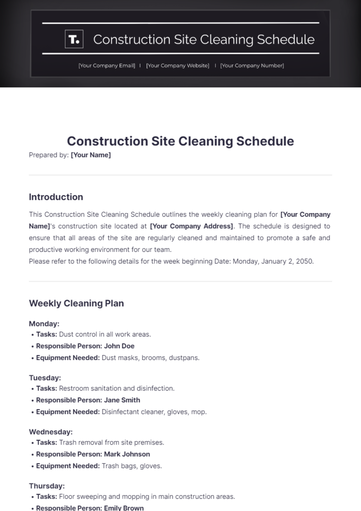 Construction Site Cleaning Schedule Template - Edit Online & Download