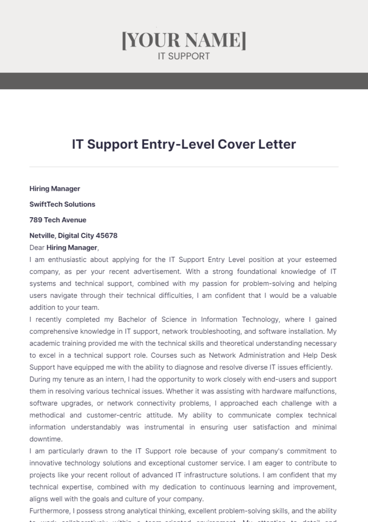 IT Support Entry Level Cover Letter - Edit Online & Download