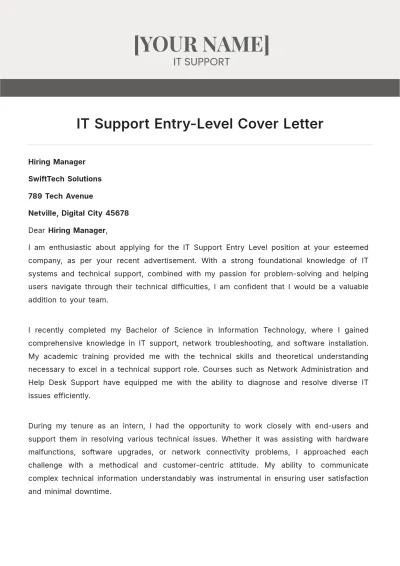 Free IT Support Entry Level Cover Letter to Edit Online