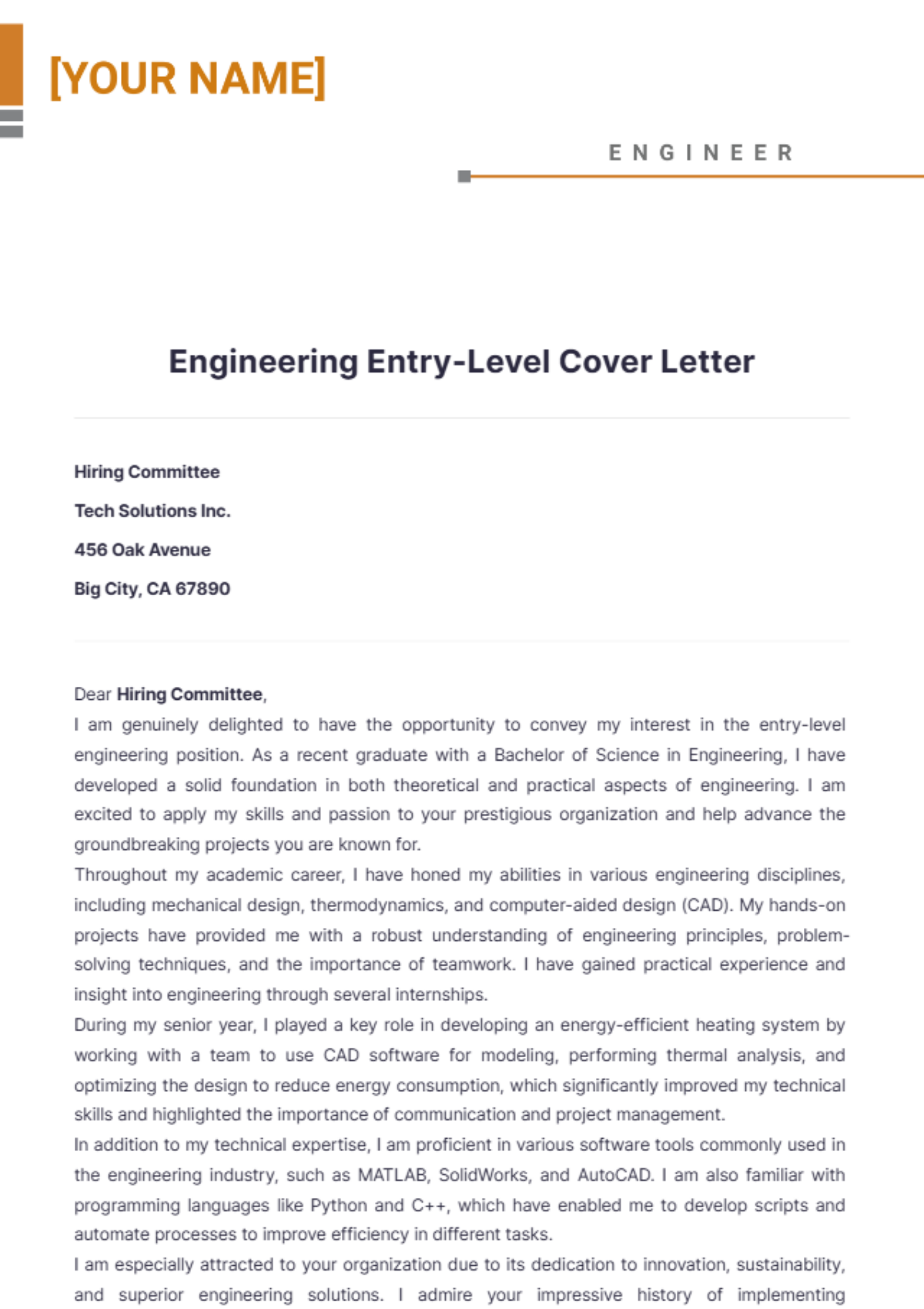 Engineering Entry Level Cover Letter