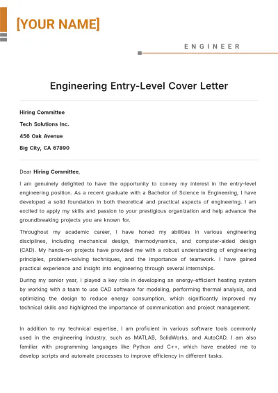 Free Engineering Entry Level Cover Letter to Edit Online