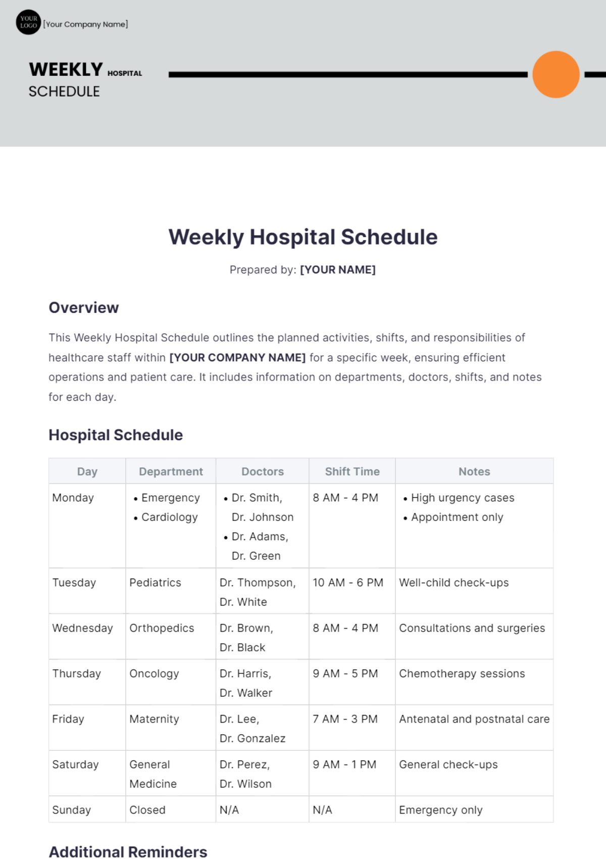 Weekly Hospital Schedule Template - Edit Online & Download