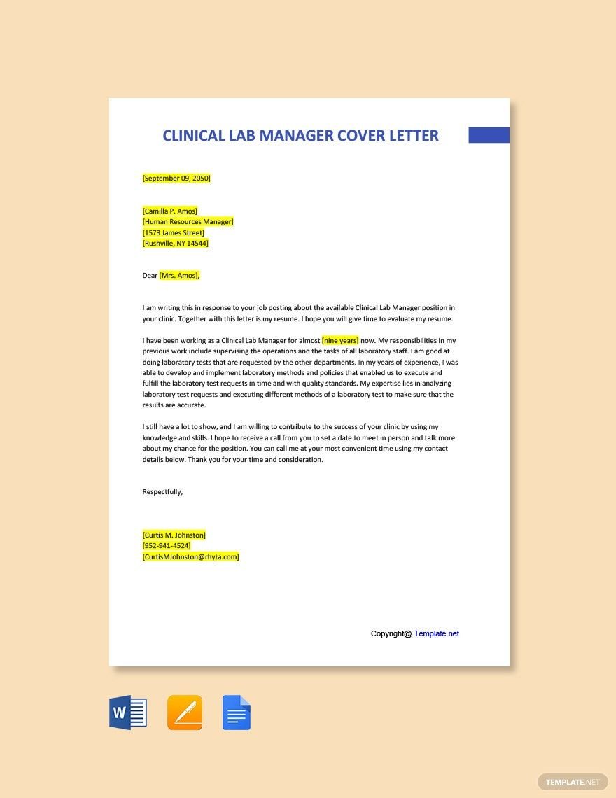 Free Clinical Lab Manager Cover Letter Template