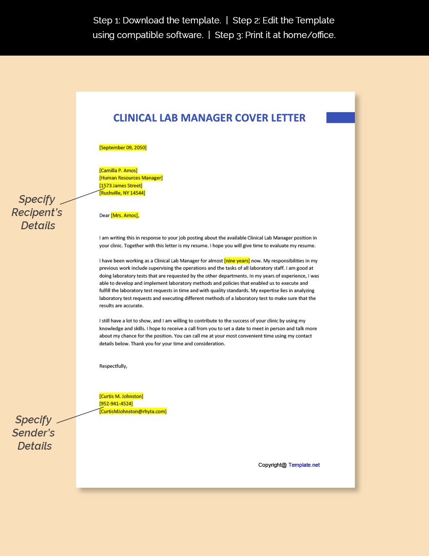 Clinical Lab Manager Cover Letter Template