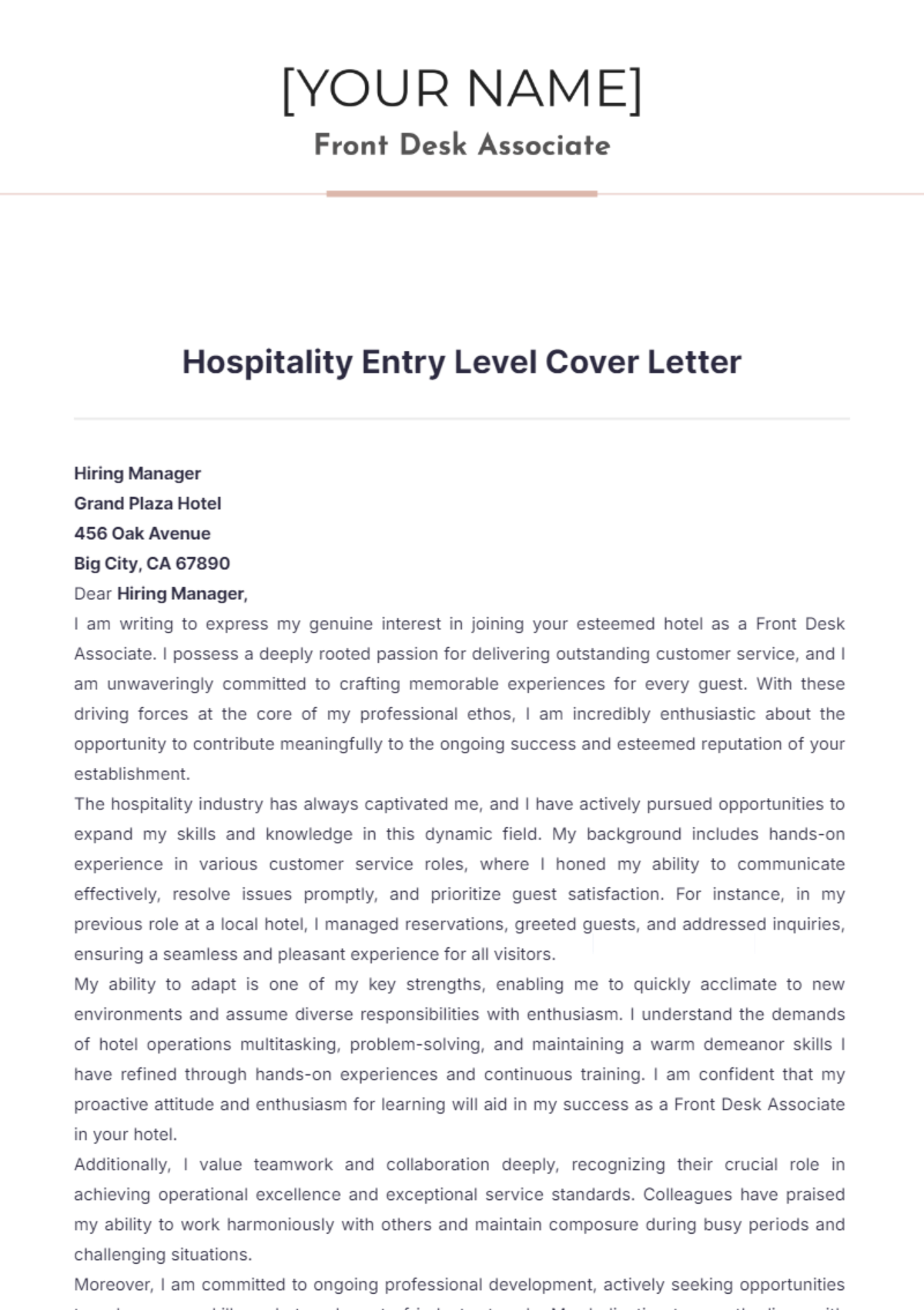 Hospitality Entry Level Cover Letter