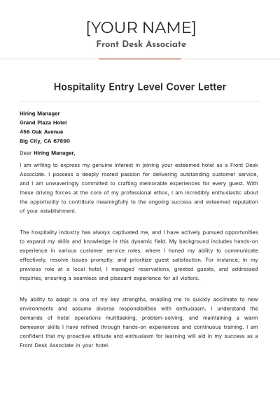 Free Hospitality Entry Level Cover Letter to Edit Online