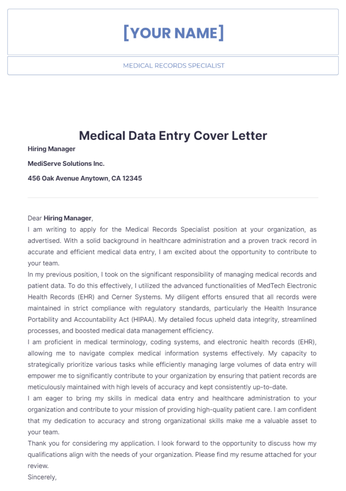 Medical Data Entry Cover Letter