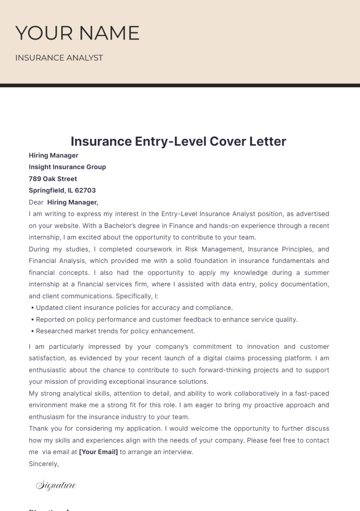 Insurance Entry Level Cover Letter