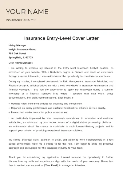 Free Insurance Entry Level Cover Letter to Edit Online
