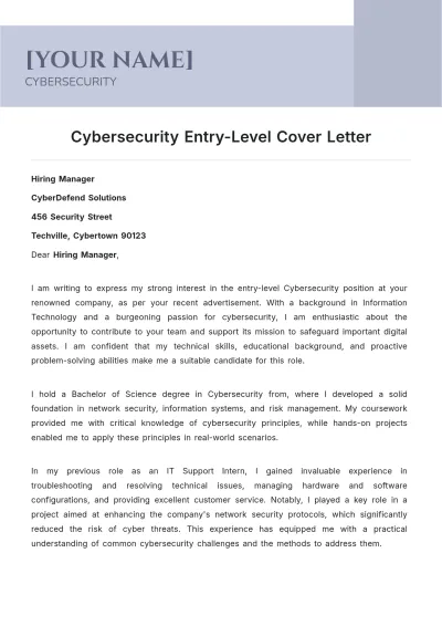 Free Cybersecurity Entry Level Cover Letter to Edit Online