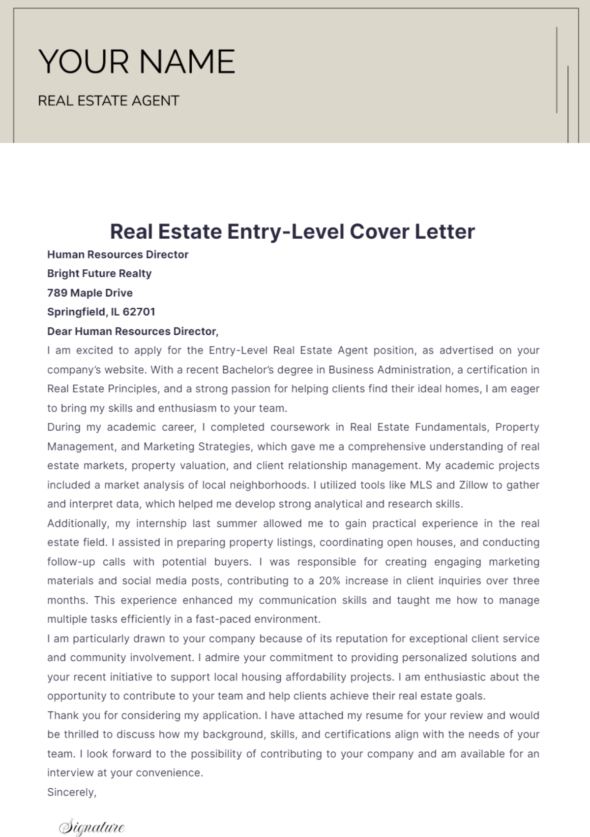 Real Estate Entry Level Cover Letter