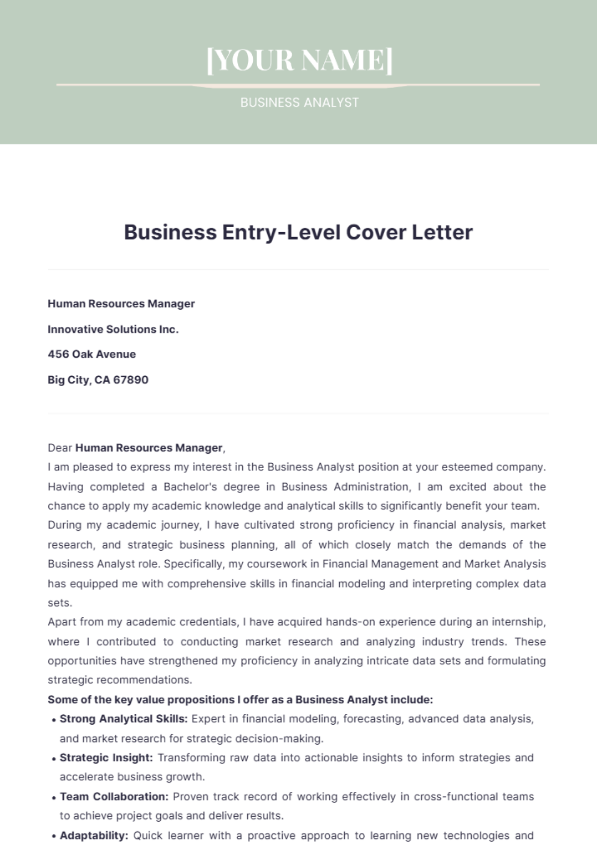 Business Entry Level Cover Letter - Edit Online & Download