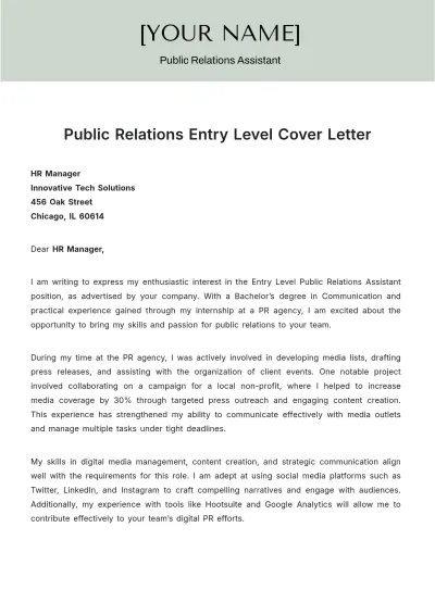 Free Public Relations Entry Level Cover Letter to Edit Online