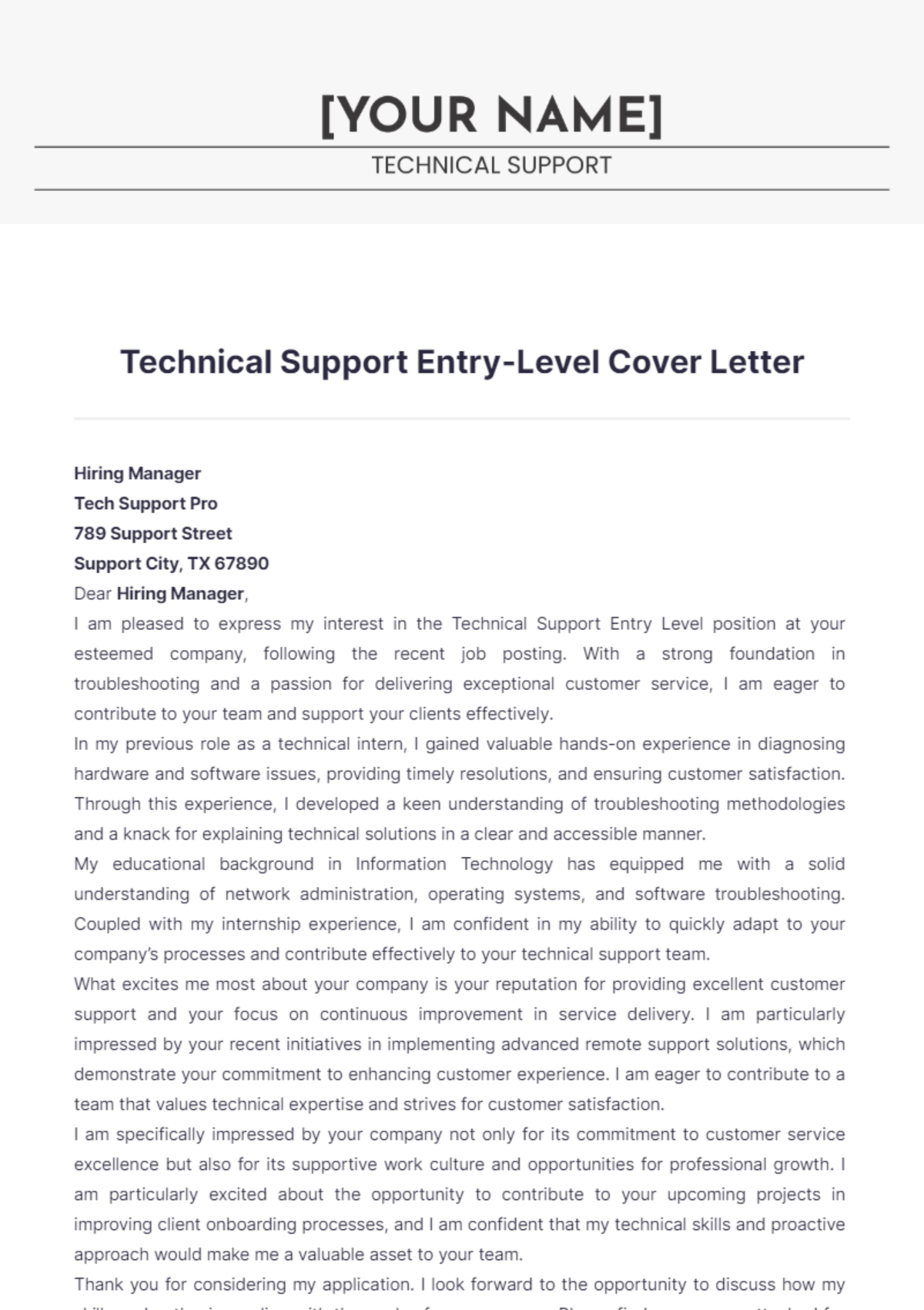 Technical Support Entry Level Cover Letter - Edit Online & Download