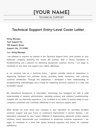 Free Technical Support Entry Level Cover Letter to Edit Online