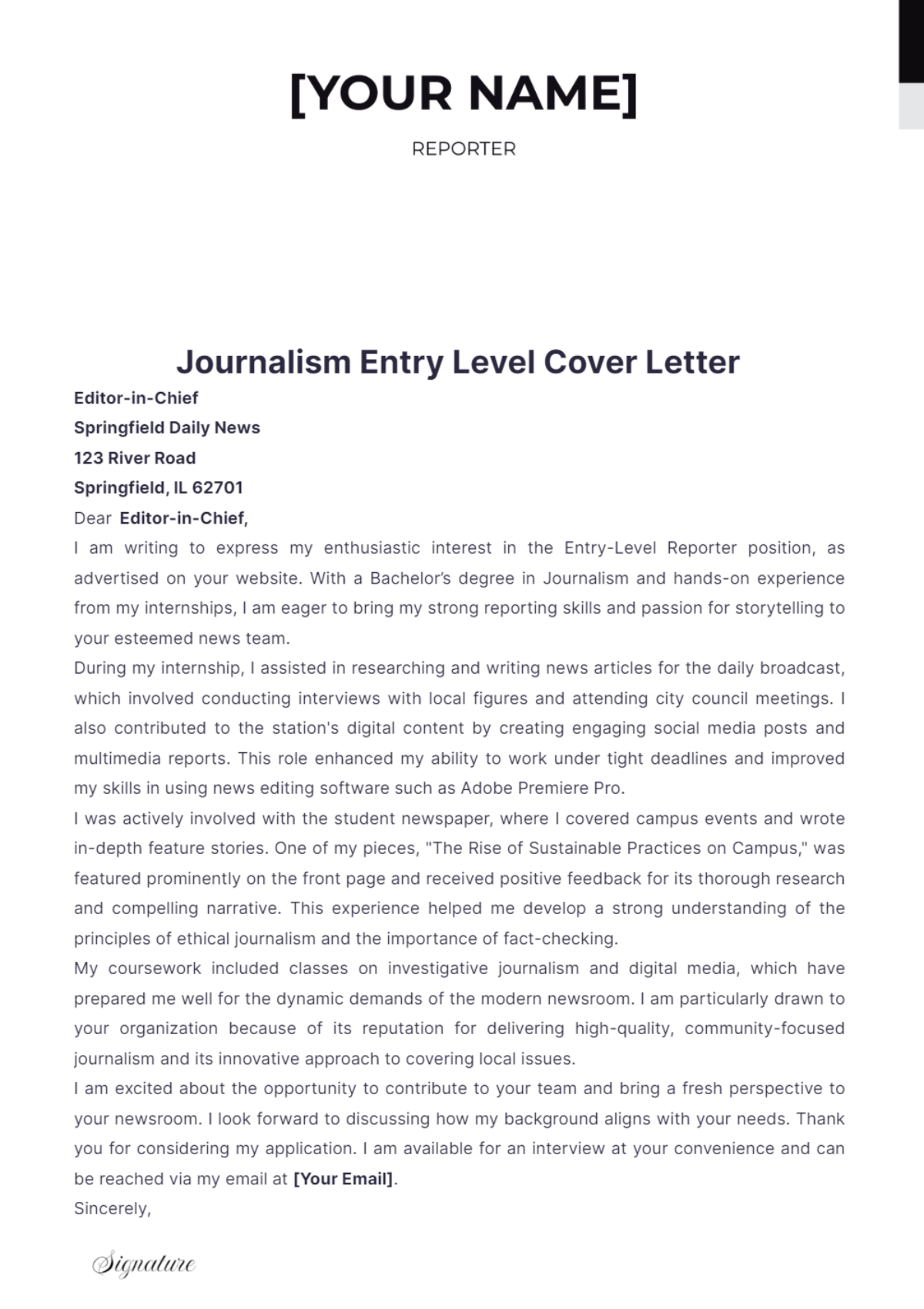 Journalism Entry Level Cover Letter - Edit Online & Download