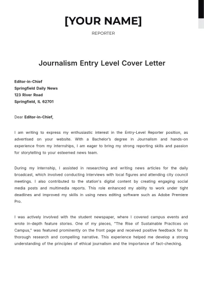 Free Journalism Entry Level Cover Letter to Edit Online