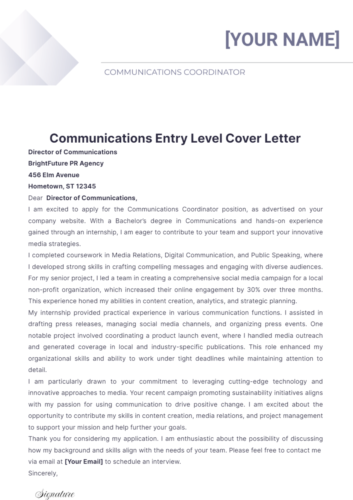 Communications Entry Level Cover Letter - Edit Online & Download