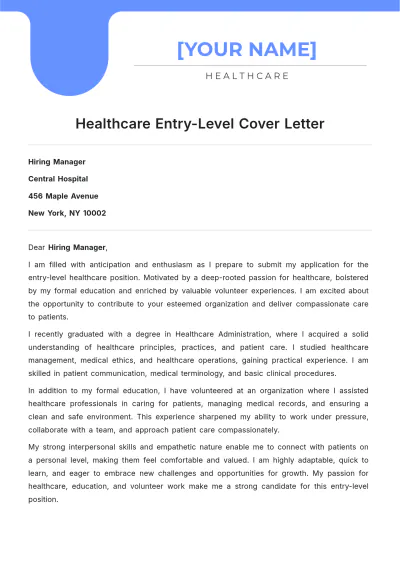 Free Healthcare Entry Level Cover Letter to Edit Online