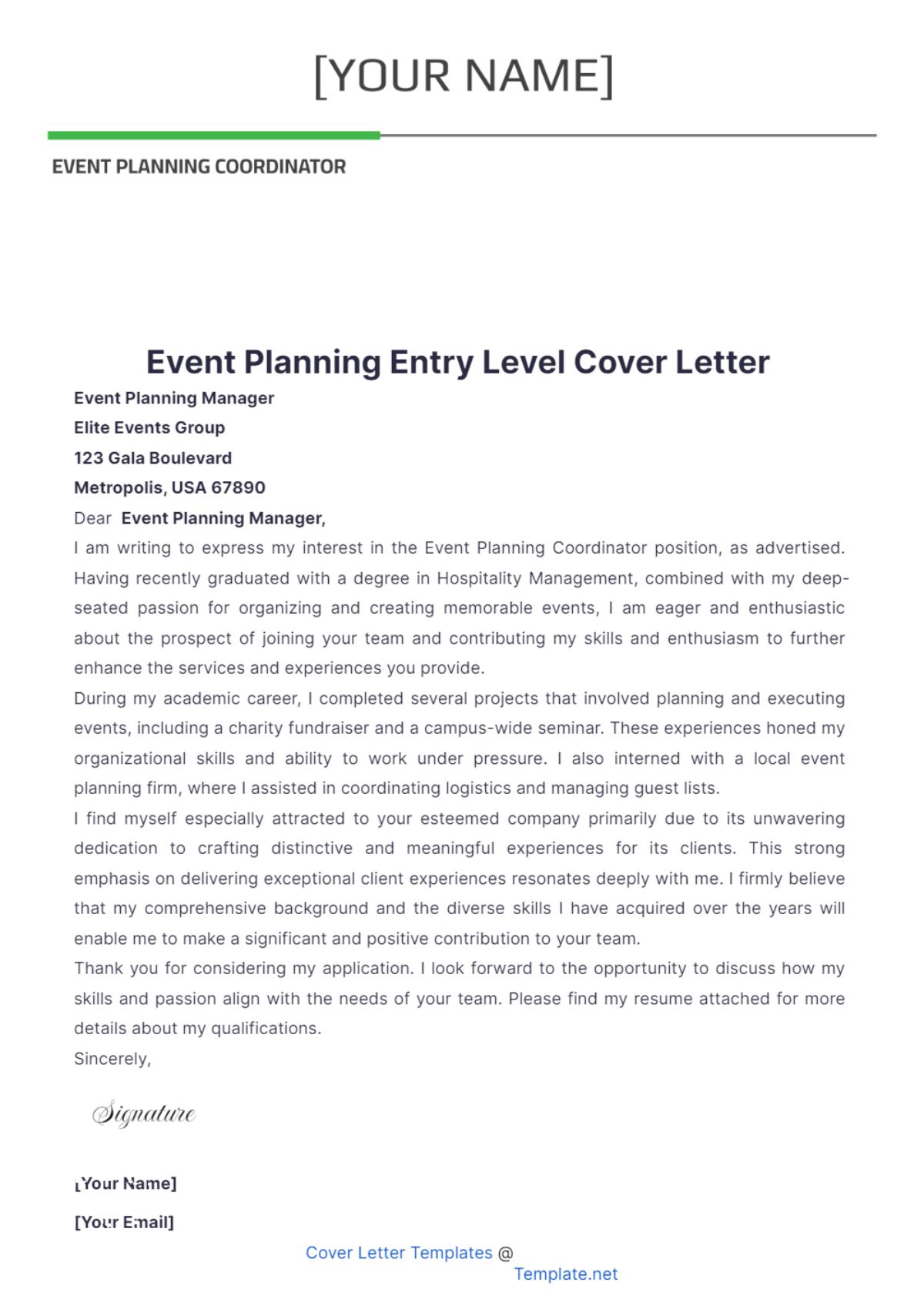 Event Planning Entry Level Cover Letter - Edit Online & Download