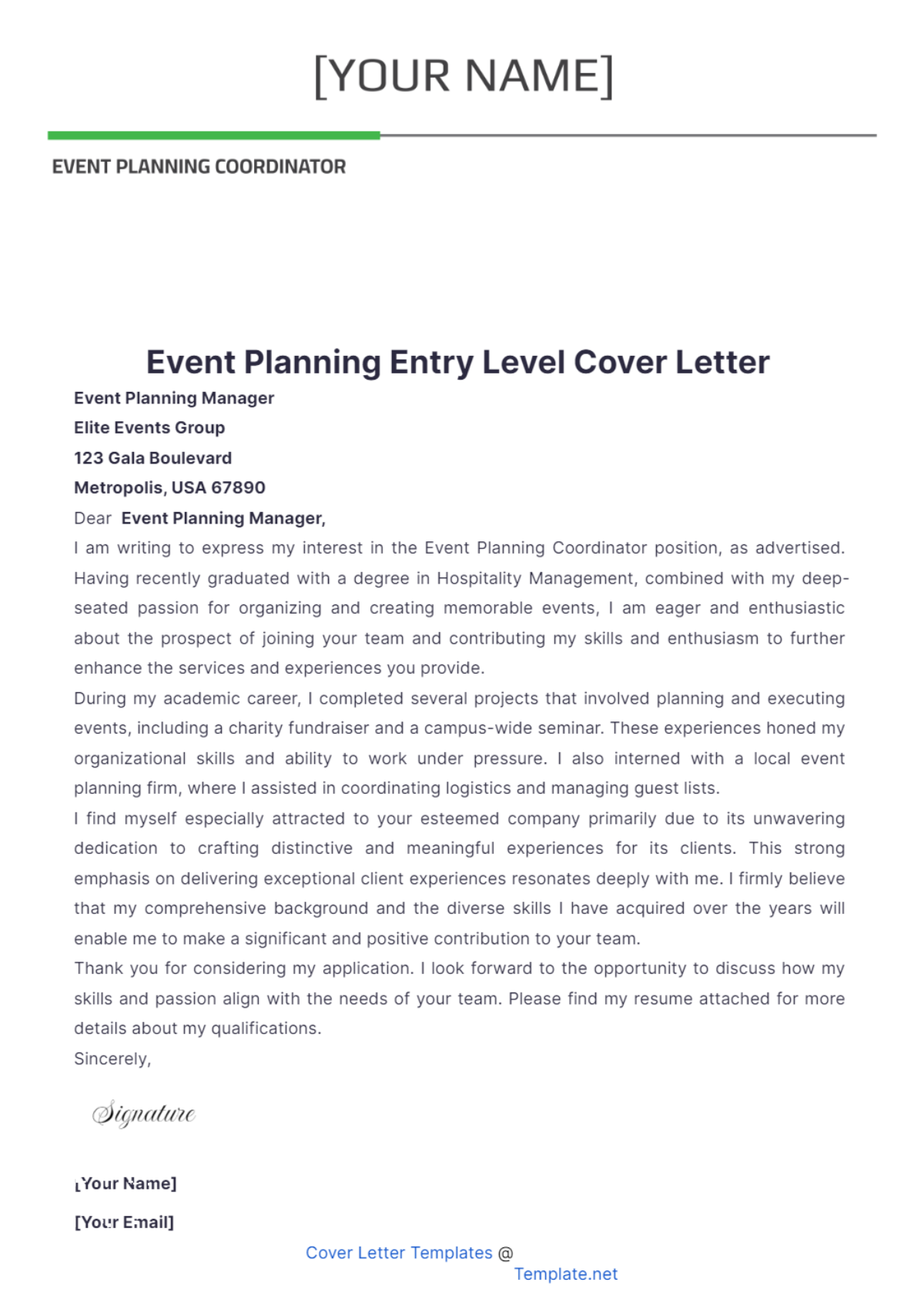 Free Event Planning Entry Level Cover Letter Template To Edit Online
