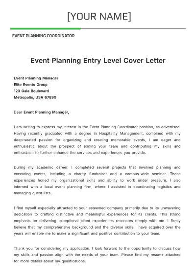 Free Event Planning Entry Level Cover Letter to Edit Online