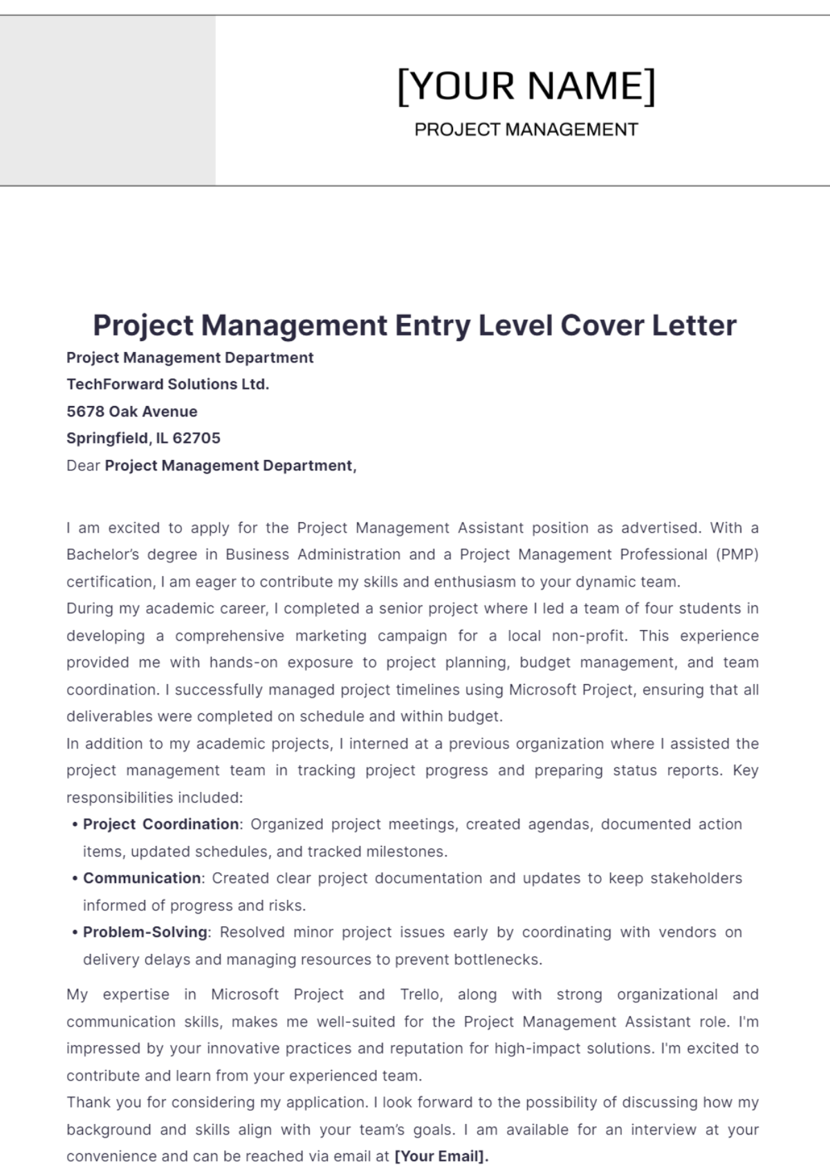 Project Management Entry Level Cover Letter - Edit Online & Download