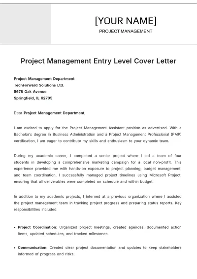 Free Project Management Entry Level Cover Letter to Edit Online