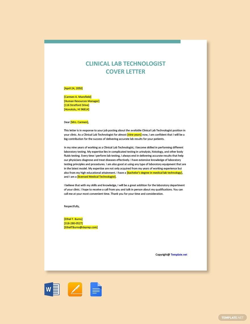 Free Clinical Lab Technologist Cover Letter Template