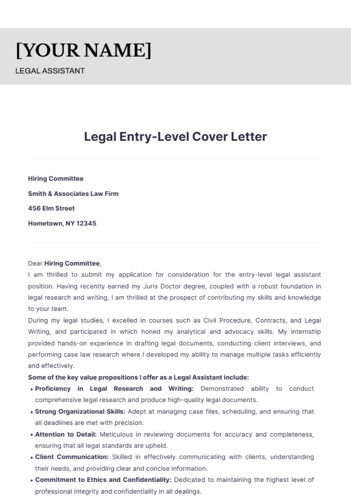 Legal Entry Level Cover Letter