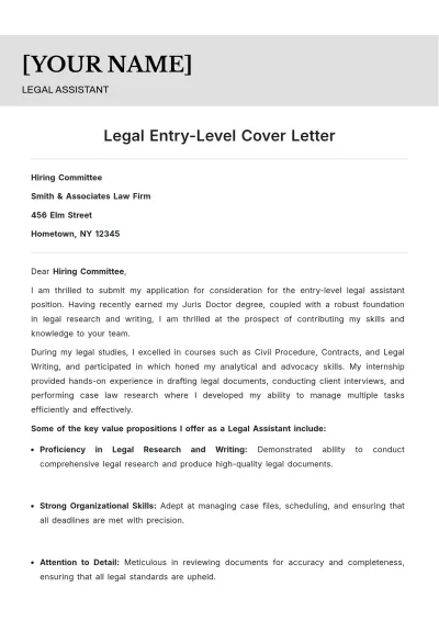 Free Legal Entry Level Cover Letter to Edit Online