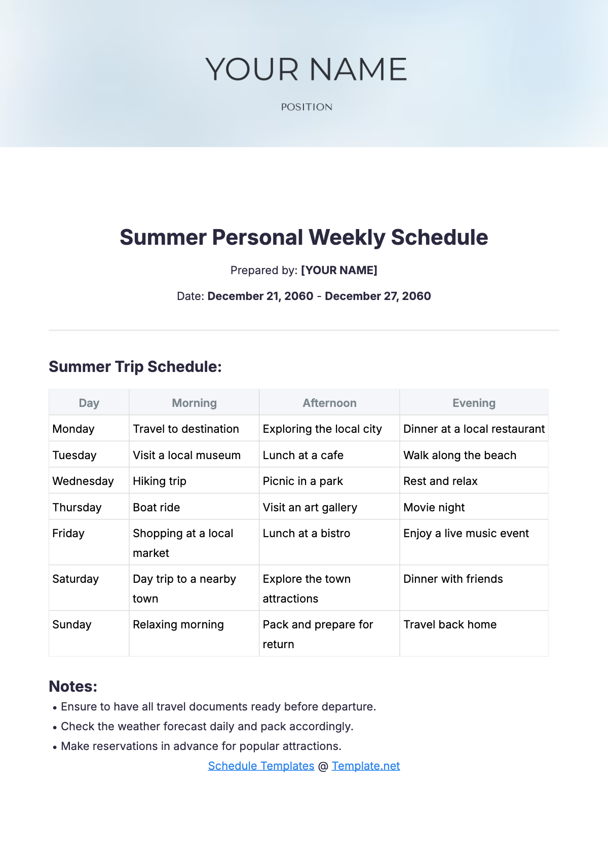 Summer Personal Weekly Schedule Template - Edit Online & Download