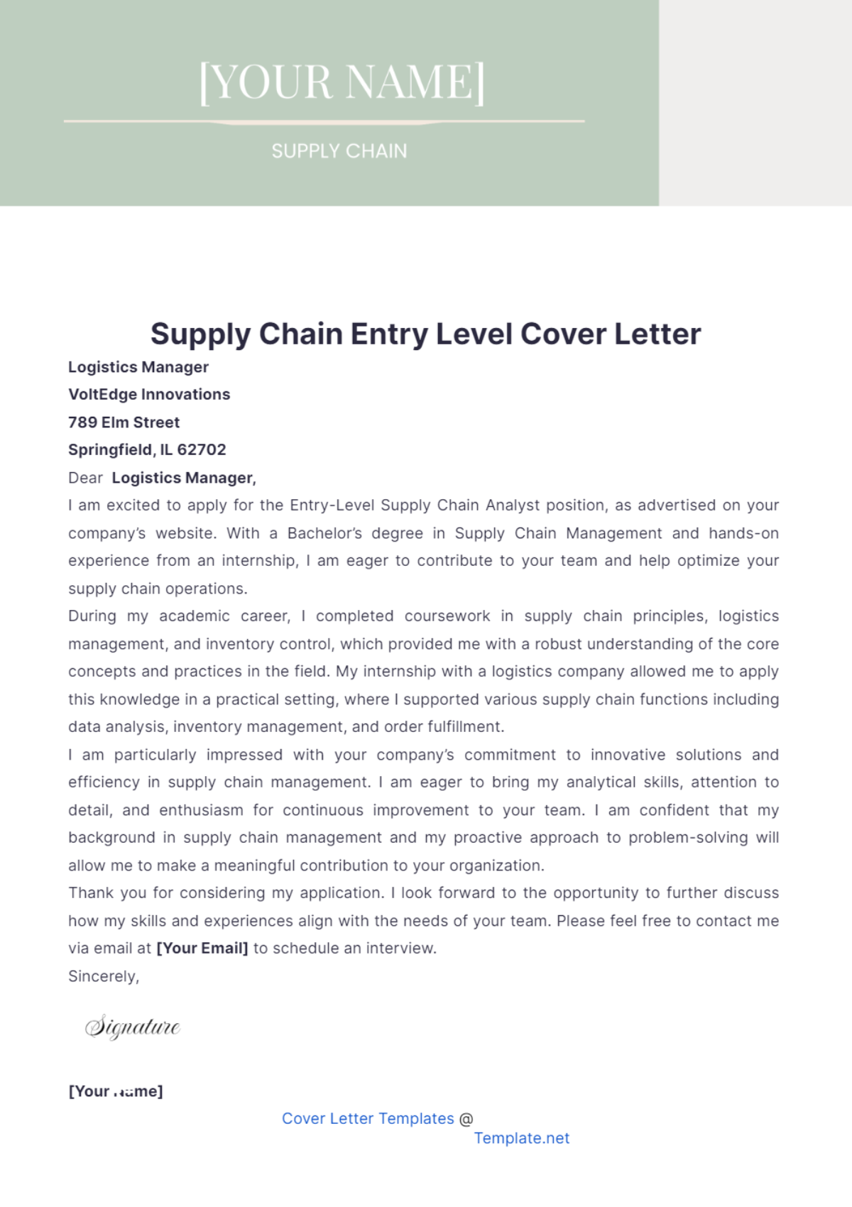 Supply Chain Entry Level Cover Letter