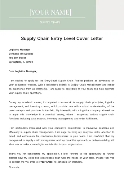 Free Supply Chain Entry Level Cover Letter to Edit Online