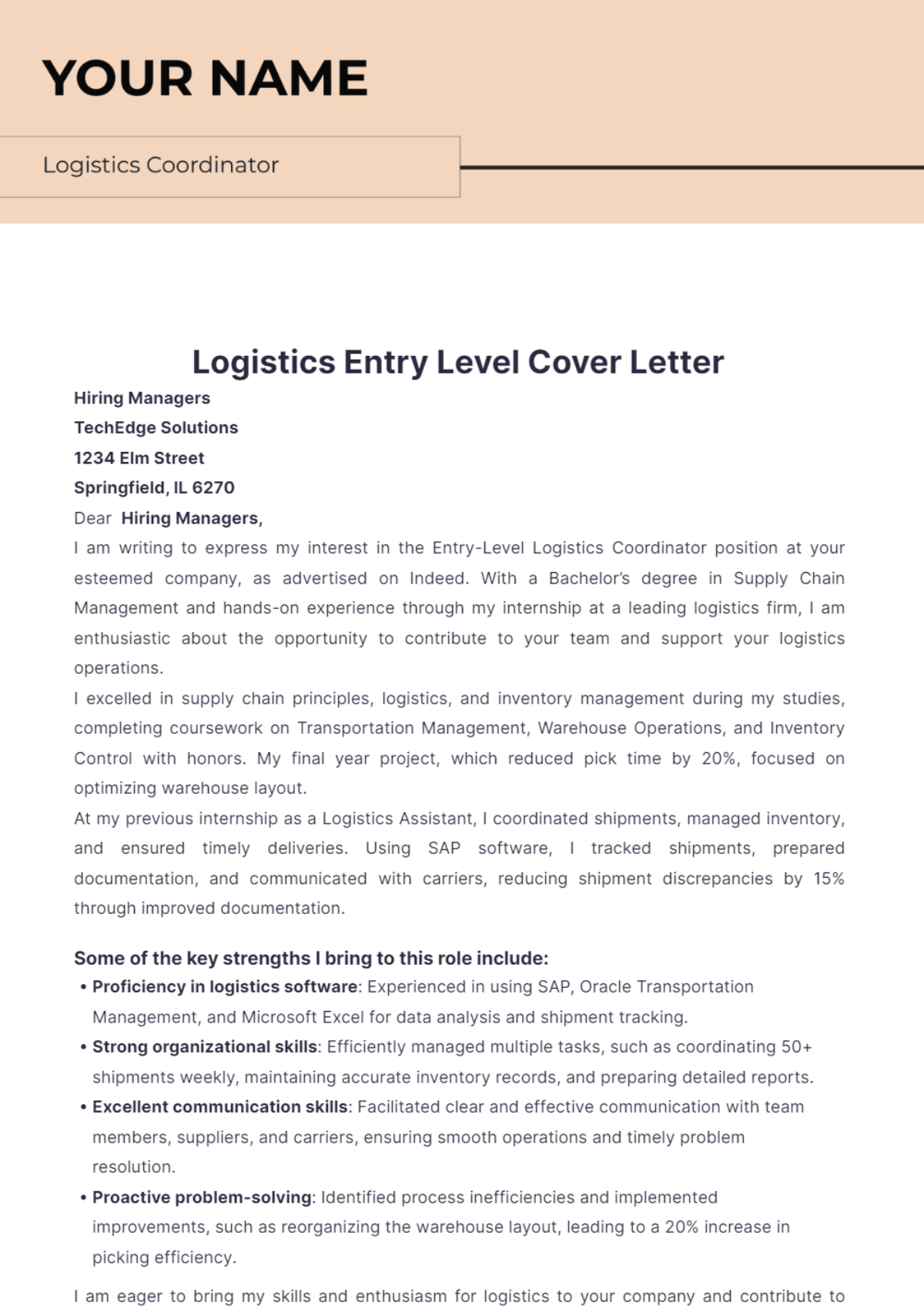 Logistics Entry Level Cover Letter