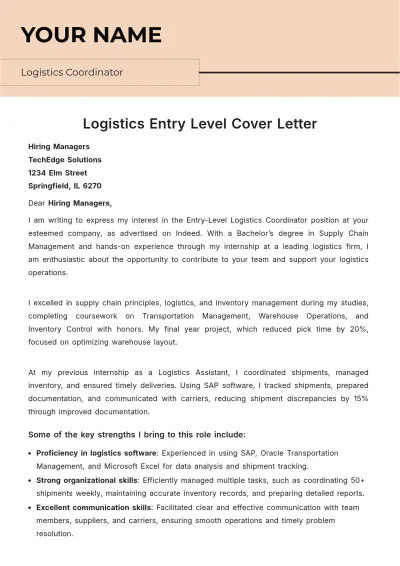 Free Logistics Entry Level Cover Letter to Edit Online