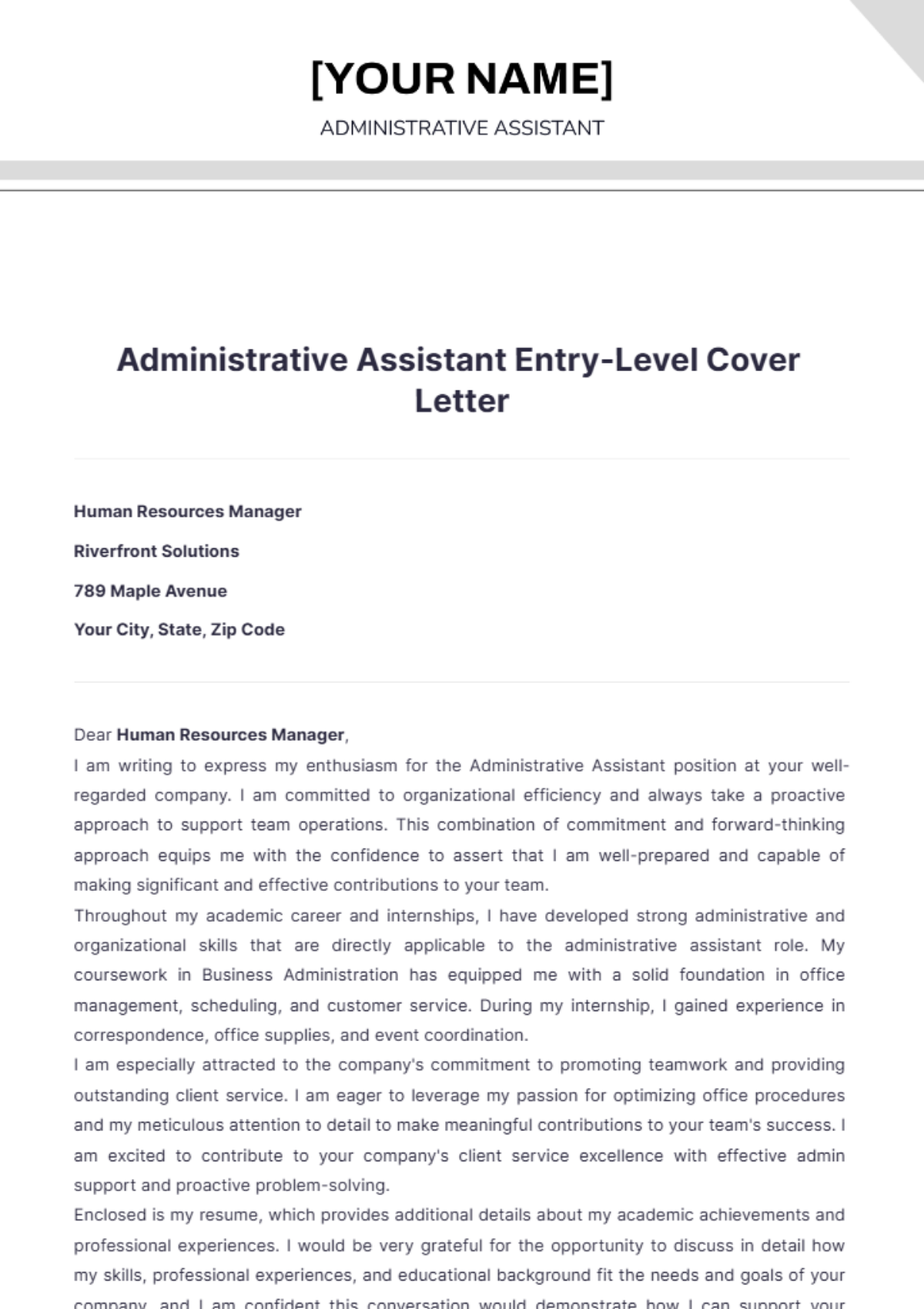 Administrative Assistant Entry Level Cover Letter - Edit Online & Download