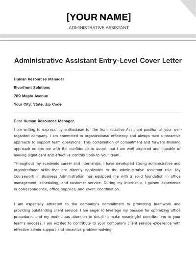 Free Administrative Assistant Entry Level Cover Letter to Edit Online