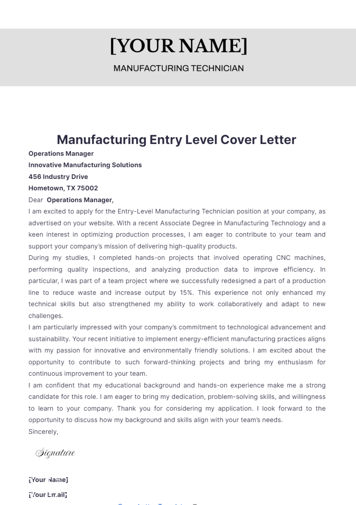 Manufacturing Entry Level Cover Letter - Edit Online & Download